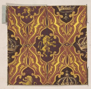 Design for tapeter med frodige løver og kroner, 1830-97. Skapere: Jules-Edmond-Charles Lachaise, Eugène-Pierre Gourdet. av Jules Edmond Charles Lachaise and Eugène Pierre Gourdet