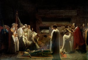 Martyrene ved katakombenes kristne religiøse forsamling ved begravelsen til de første kristne i Roma. Maleri av Jules Lenepveu (1819-1898) 1855 Søn. 1,7x3,36 m Paris, musee d