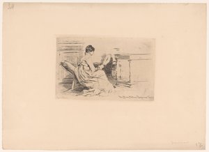 Kvinne med vifte i lav stol av Jules Ferdinand Jacquemart (attributed to)