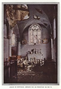 Montceaux-kirken, ødelagt av prosjektiler fra nr. 75 av Jules Gervais Courtellemont