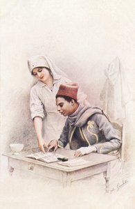 Lesetime. Postkort av "The War of Nations" som representerer en sykepleier fra Røde Kors som lærer å lese for en senegalesisk skoer