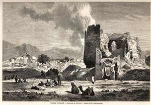 Forstedene til Teheran (dagens Iran). Tegning av Jules Laurens (1825-1901), for å illustrere Arthur Gobineaus reise til Persia fra 1855 til 1858. Gravering i “” Le tour du monde, nouveau journal des voyages”” Paris