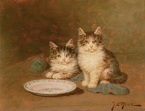 To kattunger med en tom bolle (olje på panel) av Jules Leroy
