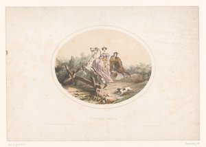 Adelskvinne hopper over et gjerde med hest La Barrier Franchie (tittel på objekt) av Jules Marie Desandre