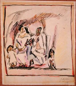 Mor, far og tre barn (akvarell på papir) av Jules Pascin
