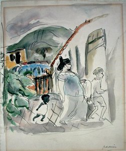 Kvinne og to barn (akvarell på papir) av Jules Pascin