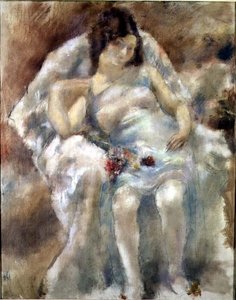 Ung kvinne sitter med blomster av Jules Pascin