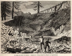 Et gruvekrav eller verksted i California, tegning av Jules Pelcoq, for å illustrere historien om Baron de Wogans tur til California i 1850-1852. Gravering i "" Le tour du monde, nouveau journal des voyages"" Paris av Jules Pelcoq