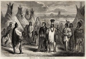 Typer av Crees-indianere fra Canada, tegning av Pelcoq, for å illustrere utforskningen av Rocky Mountains i 1857-59 av kaptein John Palliser. Gravering i "" Le tour du monde, nouveau journal des voyages"" Paris