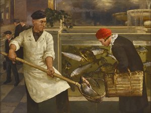 I en fiskebutikk av Klever, Juli Julievich, den yngre (1882-1942). Olje på lerret, størrelse: 130x176 av Juli Julievich the Younger Klever