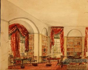 Sidevisning av biblioteket på Aynhoe av Julia Cartwright