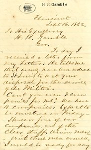Brev signert Julian Bates, Florissant, til Hans Excellence H.R. Gamble, 16. september 1862 av Julian Bates
