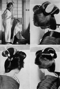 Det tar to timer før en geisha-frisyre, frisyren, varer i flere dager, c1900, 1921.