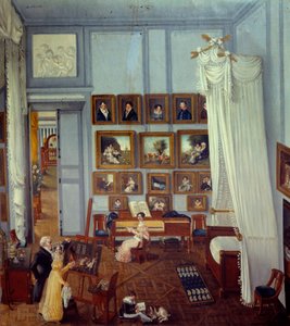 Innvendig utsikt over residensen til ridderpradelen av Saint Charles En stor himmelseng pryder rommet som brukes som verksted. Et barn spiller og en ung kvinne står foran et piano. Maleri av Julie Pradel (1800-tallet) 1820 Privat samling av Julie Pradel