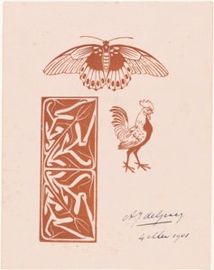 Sommerfugl-, hane- og bladarbeid av Julie de Graag (signed by artist)