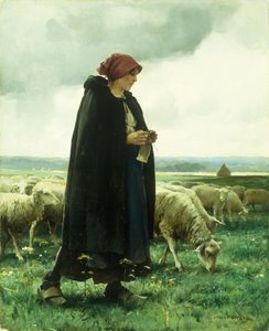 En gjeterinne med flokken sin av Julien Dupre