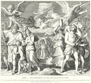 Babel, spredningen av Noahs etterkommere (gravering) av Julius (after) Schnorr von Carolsfeld