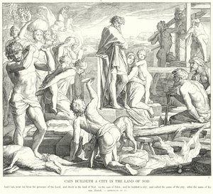 Kain bygger en by i landet Nod (gravering) av Julius (after) Schnorr von Carolsfeld