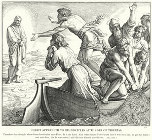 Kristus viser seg for sine disipler ved Tiberiashavet (gravering) av Julius (after) Schnorr von Carolsfeld