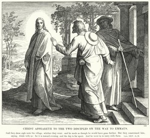 Kristus viser seg for de to disiplene på vei til Emmaus (gravering) av Julius (after) Schnorr von Carolsfeld