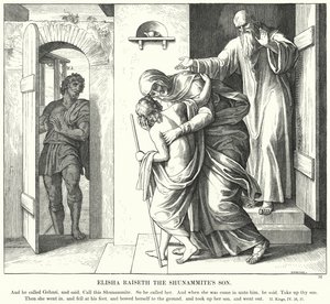 Elisa oppdrar Sunemmittens sønn (gravering) av Julius (after) Schnorr von Carolsfeld