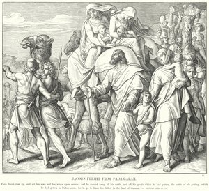 Jakobs flukt fra Padan-Aram (gravering) av Julius (after) Schnorr von Carolsfeld