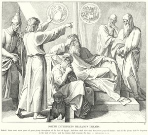 Josef tolker faraos drømmer (gravering) av Julius (after) Schnorr von Carolsfeld