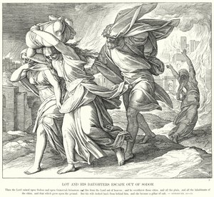 Lot og hans døtre rømmer ut av Sodoma (gravering) av Julius (after) Schnorr von Carolsfeld