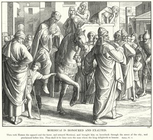 Mordekai er æret og opphøyet (gravering) av Julius (after) Schnorr von Carolsfeld