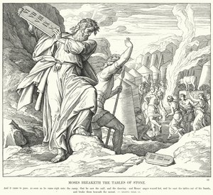 Moses bryter steintavlene (gravering) av Julius (after) Schnorr von Carolsfeld