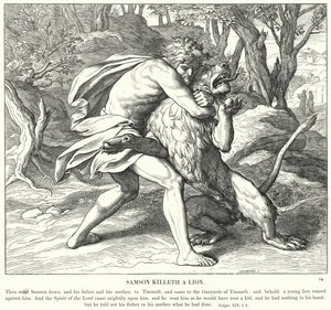 Samson dreper en løve (gravering) av Julius (after) Schnorr von Carolsfeld