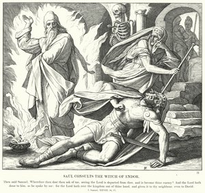 Saul konsulterer heksen fra Endor (gravering) av Julius (after) Schnorr von Carolsfeld