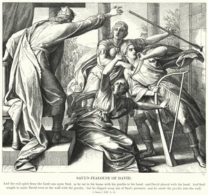 Sauls sjalusi av David (gravering) av Julius (after) Schnorr von Carolsfeld