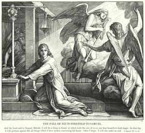 Elis fall er forutsagt til Samuel (gravering) av Julius (after) Schnorr von Carolsfeld