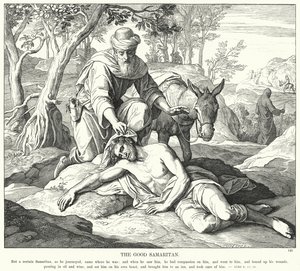 Den barmhjertige samaritan (gravering) av Julius (after) Schnorr von Carolsfeld