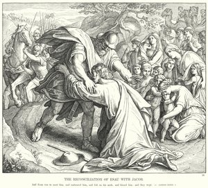 Esaus forsoning med Jakob (gravering) av Julius (after) Schnorr von Carolsfeld