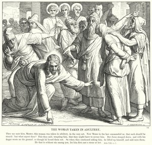 Kvinnen tatt i utroskap (gravering) av Julius (after) Schnorr von Carolsfeld