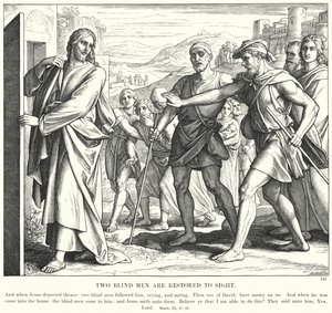 To blinde menn blir gjenopprettet til synet (gravering) av Julius (after) Schnorr von Carolsfeld