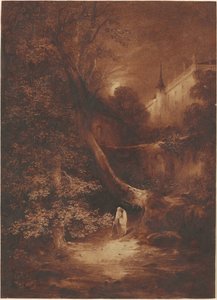 Månebelyst landskap med en munk som går nær et palass av Julius Albert Elsasser