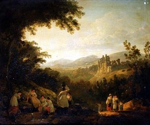 Et skogkledd landskap med vaskekvinner ved en fontene av Julius Caesar Ibbetson