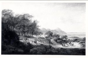 Distant View of Anglesea (olje på lerret) (svart-hvitt-trykk) av Julius Caesar Ibbetson