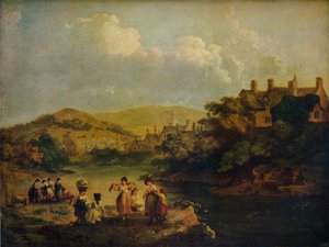 Kvinner som vasker klær i en walisisk strøm, 1790