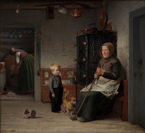 En fattig kvinne venter på et krus med øl i et gårdshus