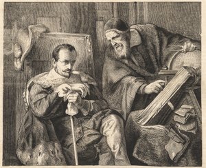 Albrecht von Wallenstein (Waldstein) (1583-1634) med astrologen Giovanni Battista Seni (Seno, Zeno, Senno Zenno) (1600-1656) etter et maleri av Julius Schrader av Julius Friedrich Anton (after) Schrader