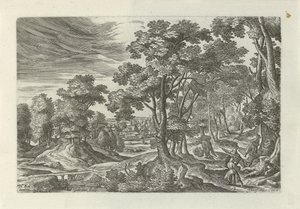 Landskap med ran på den reisende Landskap med scener fra lignelsen om den barmhjertige samaritan (serietittel) av Julius Goltzius