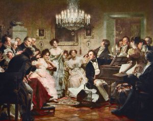 Franz Schubert (1797-1828) ved pianoet under en Schubert-aften i en salong i Wien - gravering etter Julius Schmid (1854-1935)
