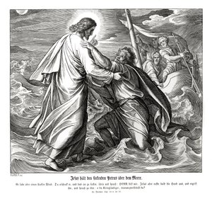 Jesus og Peter går på vannet, Matteusevangeliet av Julius Schnorr von Carolsfeld