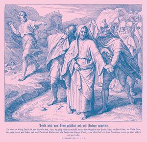 Simei forbanner og kaster stein på David, 2. Samuel av Julius Schnorr von Carolsfeld