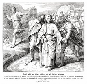 Simei forbanner og kaster stein på David, 2. Samuel av Julius Schnorr von Carolsfeld