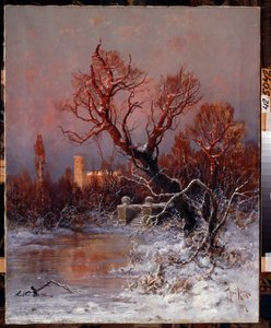 I parken til Gatchina-palasset nær St. Petersburg. Beskrivelse av en frossen innsjø med steintrapper og nakne trær, med palasset i bakgrunnen, opplyst av det varme lyset fra av Julius Sergius Klever